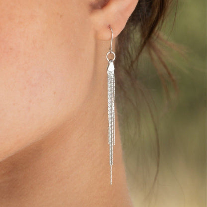 Silver tassel fringe earring with circular top and vertical chain tassel