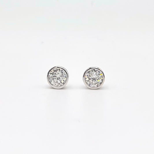 Round bezel-set moissanite diamond stud earrings, silver-toned posts