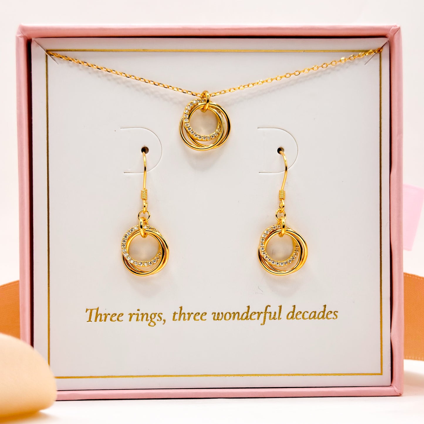 Gold jewelry gift set box with ring pendant necklace and drop earrings
