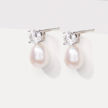 Freshwater pearl and lab-grown diamond stud-and-drop earrings with metal setting