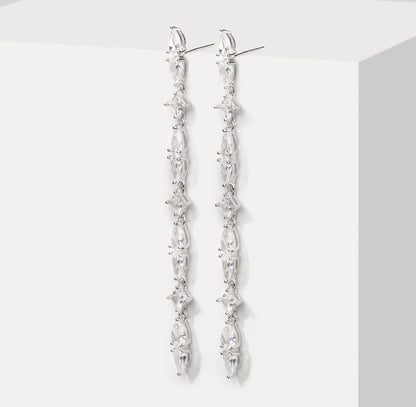 Silver crystal drop earrings, vertical line of teardrop stones on metal hooks