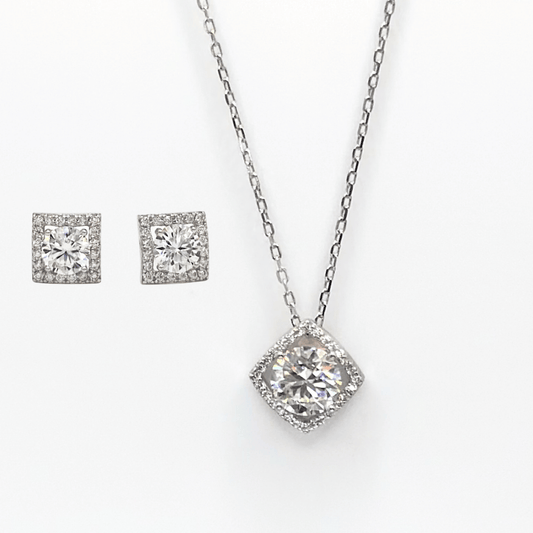 Moissanite pendant necklace with linked chain and matching square stud earrings