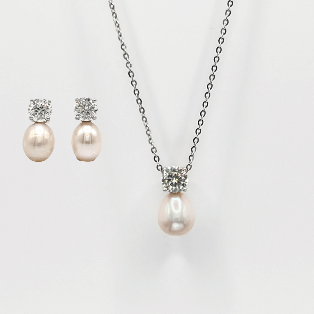 Freshwater Pearl and Moissanite Diamond Necklace and Earring Set