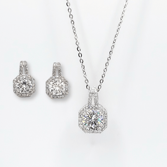 Silver-tone moissanite necklace and stud earring set with matching round stones