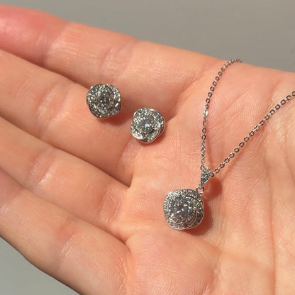Moissanite love-knot pendant necklace with matching halo stud earrings