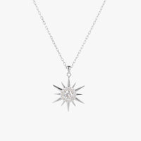 Silver starburst pendant necklace with round crystal center and spiked rays