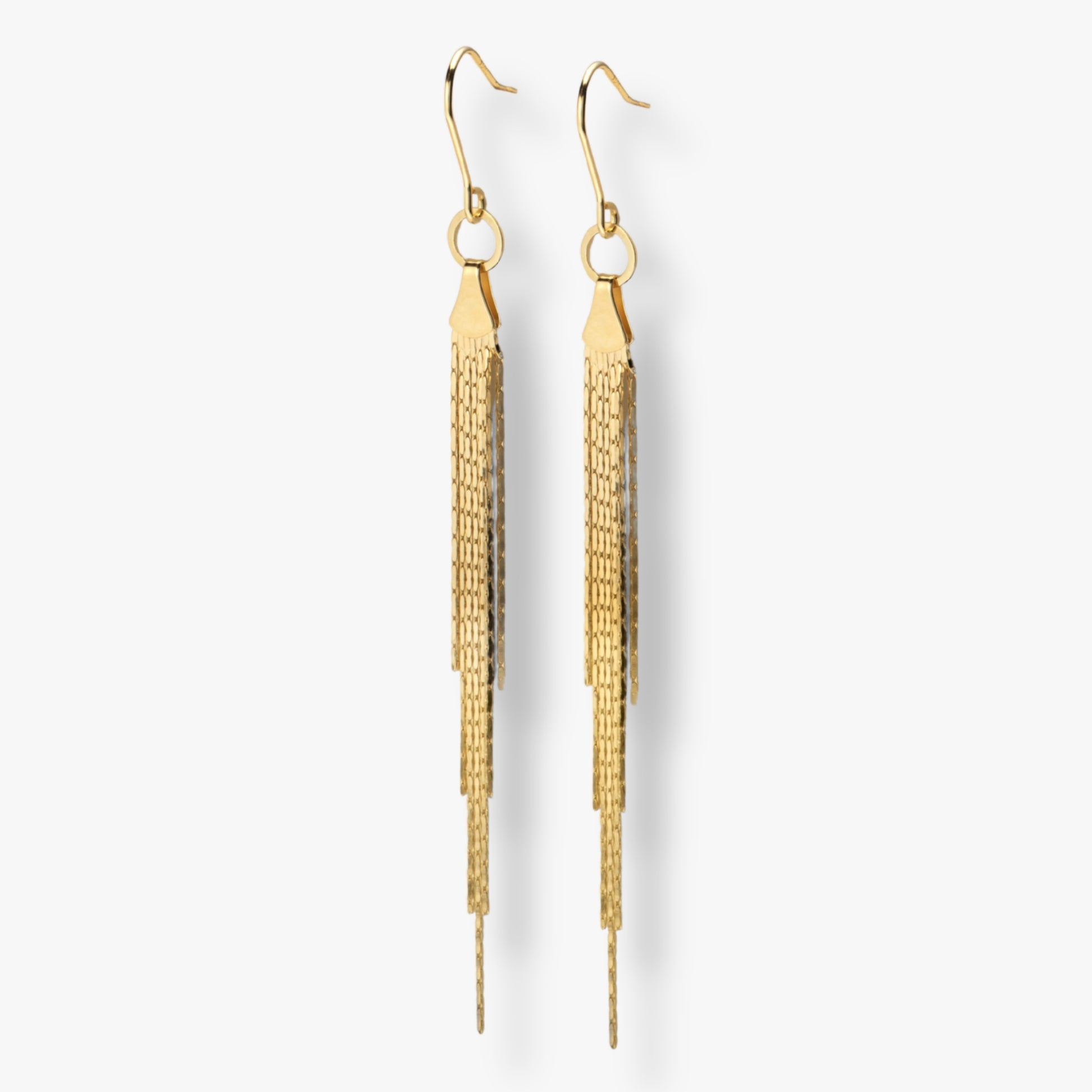 Gold tassel fringe earrings with circular top links and dangling chain strands