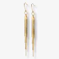 Gold tassel fringe earrings with circular top links and dangling chain strands