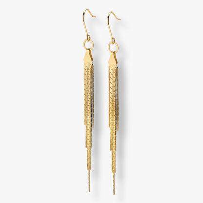Gold tassel fringe earrings with circular top links and dangling chain strands