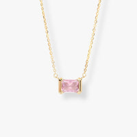 Rose-pink square gemstone pendant necklace with gold-tone chain, simple style