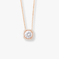 Rose gold square crystal pendant necklace with halo bezel and thin chain