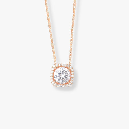 Rose gold square crystal pendant necklace with halo bezel and thin chain