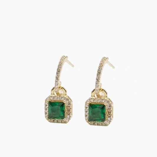 Gold-tone square drop earrings with green CZ centerpiece and crystal halo