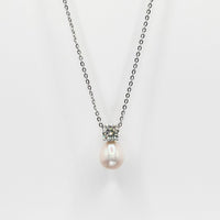 Silver chain necklace with teardrop freshwater pearl and small round crystal cluster