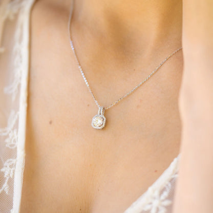 Lab-grown moissanite pendant necklace, round halo setting, slim silver chain