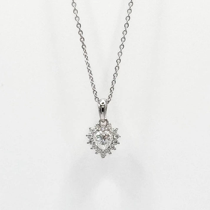 Silver-tone heart pendant necklace with round moissanite sparkle and clasp bail