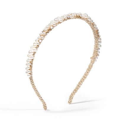 Pearl crystal headband with curved band of white pearls and gold-tone crystal sparkle