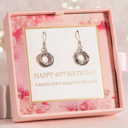 Silver 40th birthday hoop charm earrings with round ring drop