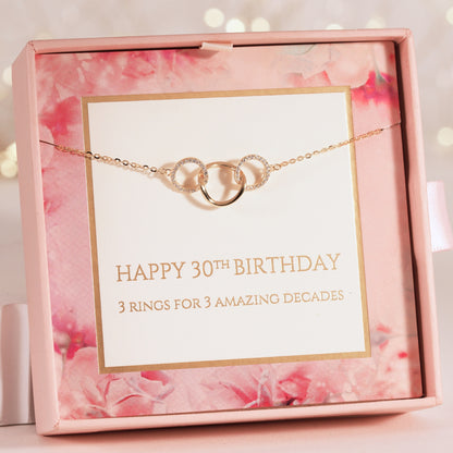 3 rings 30th birthday necklace with three interlocking ring charms on a chain