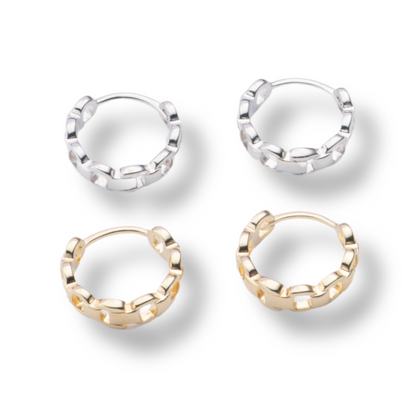 Chain link huggie earrings, silver and gold round hoop with linked pattern