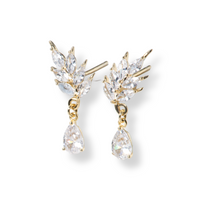 Gold-tone CZ drop earrings with leaf cluster top and pear crystal dangle