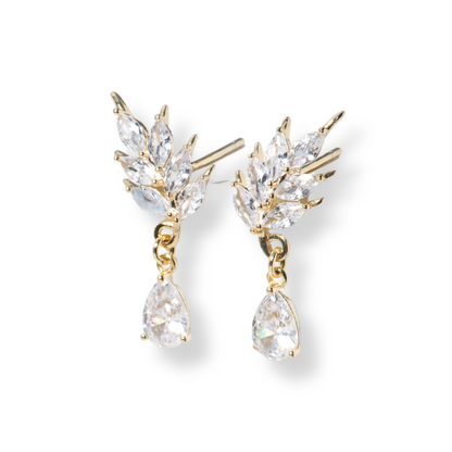 Gold-tone CZ drop earrings with leaf cluster top and pear crystal dangle