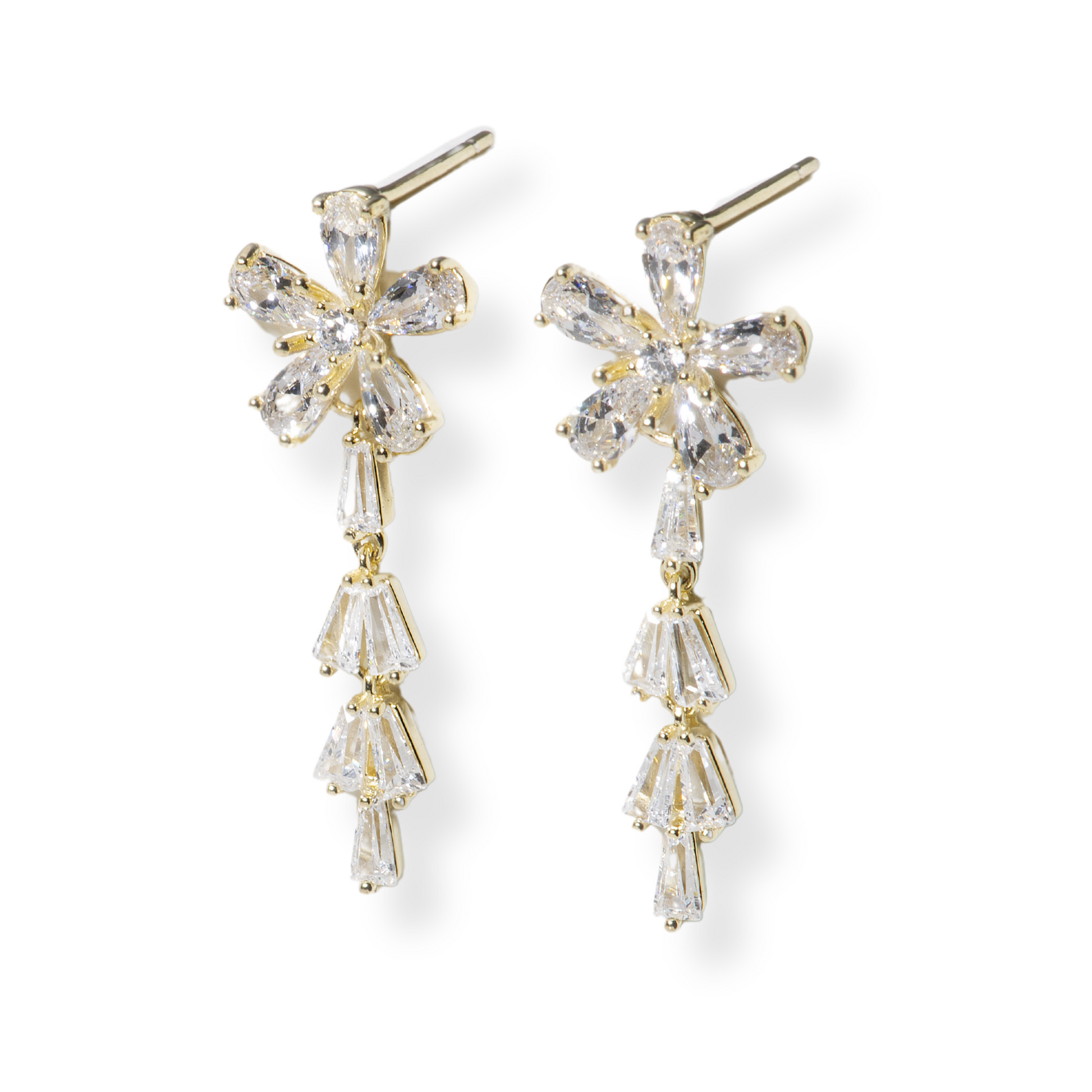 Gold-tone dainty drop earrings with crystal flower cluster and 3 dangling stones