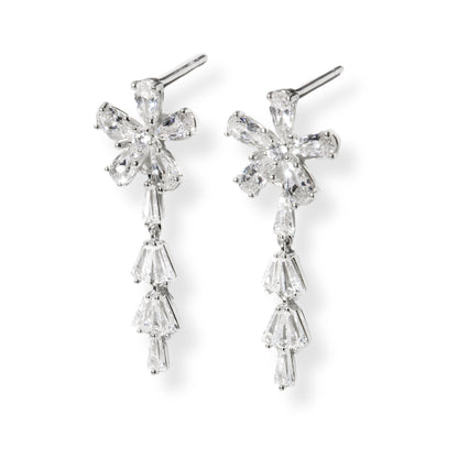 Silver-tone dainty drop earrings with crystal flower cluster and 3 teardrop dangles