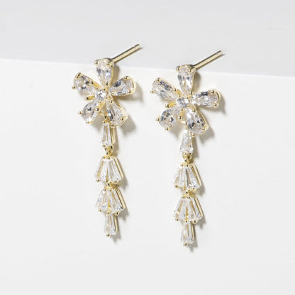 Gold-tone dainty drop earrings with crystal flower cluster and 3 dangling stones