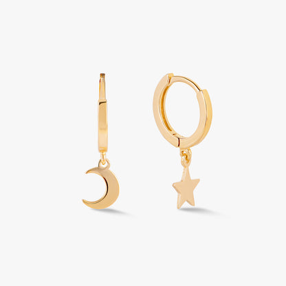 Star and moon charm hoop earrings, gold-tone crescent and star dangles
