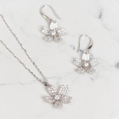 Sterling silver flower pendant necklace with matching drop flower earrings set
