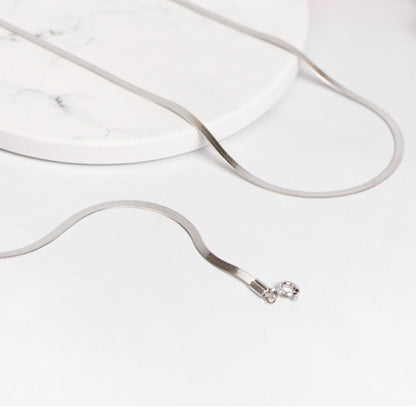 Snake chain necklace in silver tone with small clasp and smooth link curve