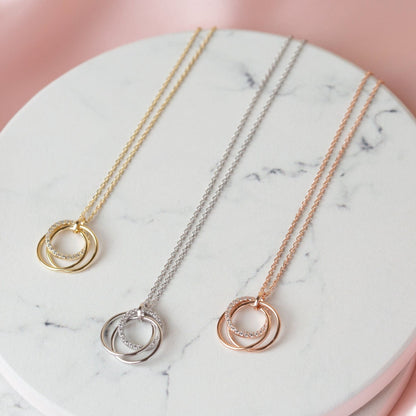 30th birthday necklace, hoop charms in gold, silver, and rose gold tones