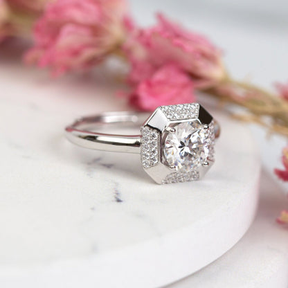 Lab-grown diamond cocktail ring angled view, square halo and round center
