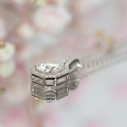 Lab-grown moissanite pendant necklace, round center stone with side baguette detail