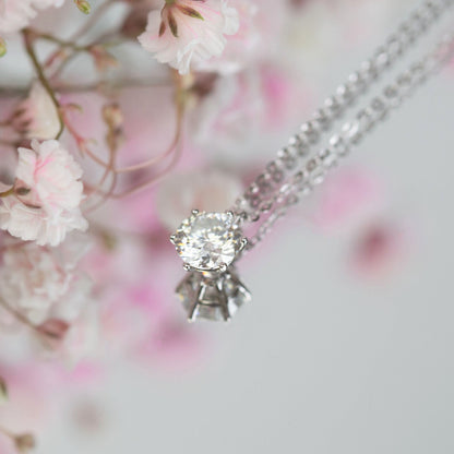 Moissanite diamond pendant on silver chain, round moissanite in open prong head