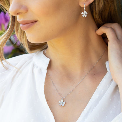 Sterling silver flower pendant necklace and small drop flower earrings