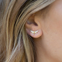 Gold dragonfly stud earrings with sparkling pavé wings