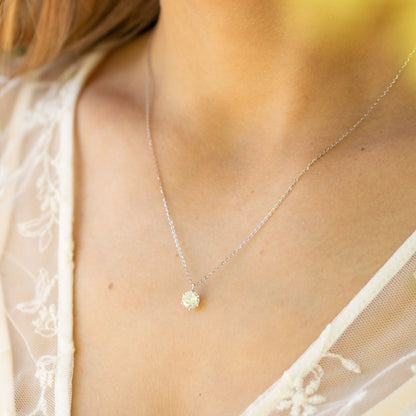 Moissanite diamond pendant on silver chain, small round prong-set stone