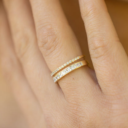 Gold adjustable ring with double row of clear pave stones, side view