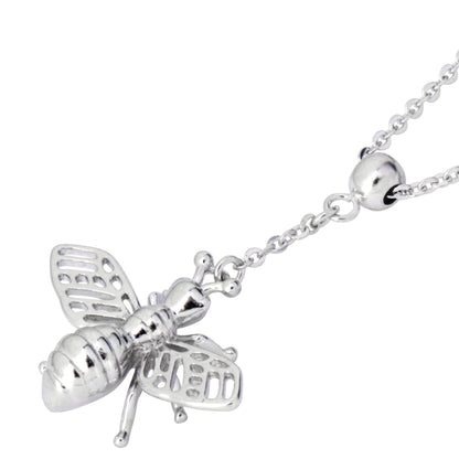 Silver bee charm necklace pendant with striped body and cutout wing pattern